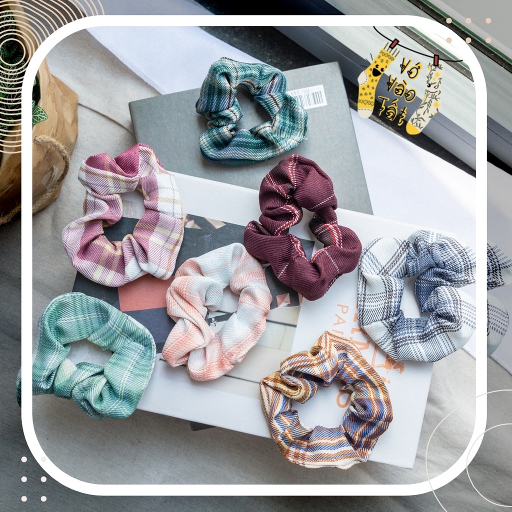 [quà tặng] Đồ buộc tóc scrunchies caro cổ điển phong cách Hàn Quốc