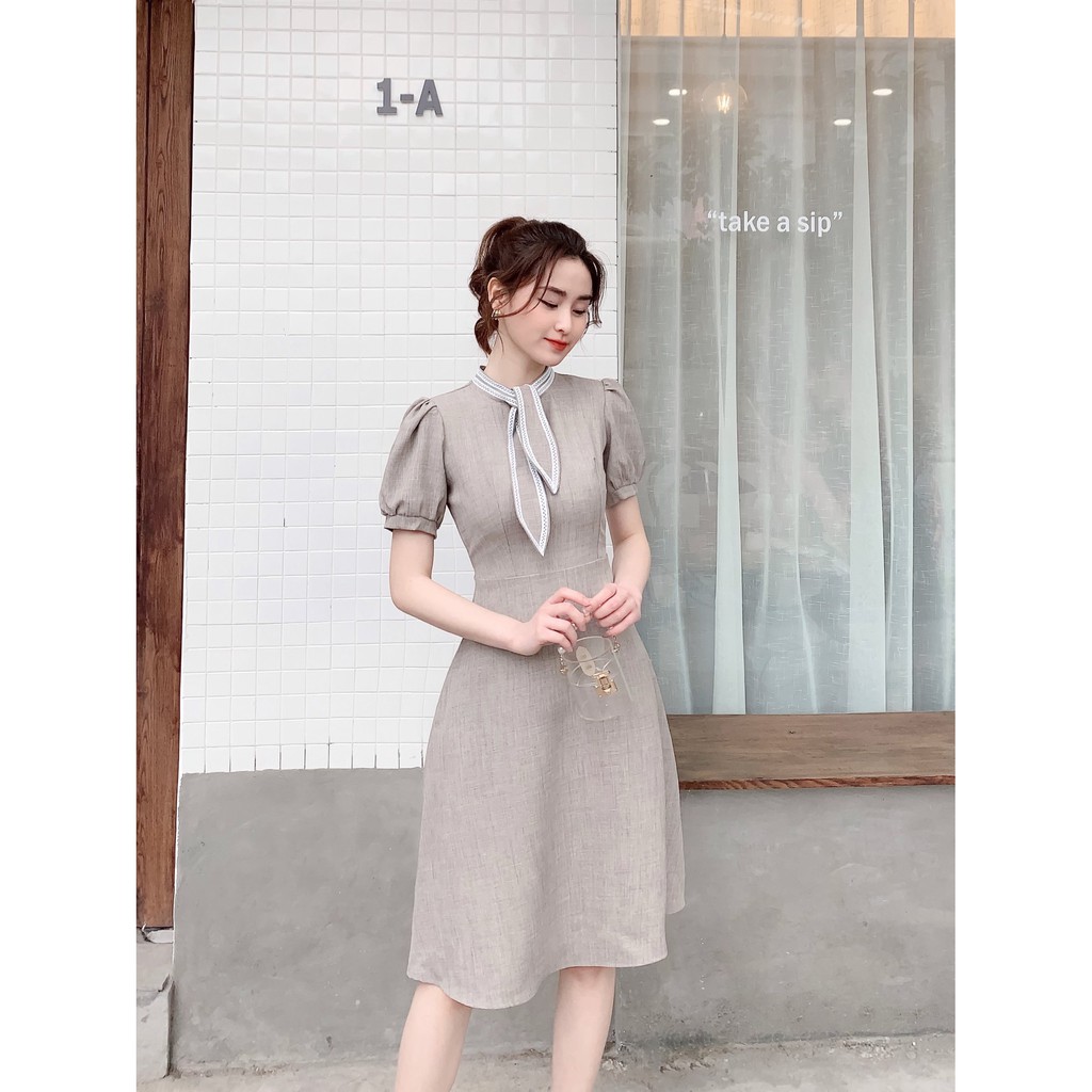 Váy Thiết Kế Đẹp Cao Cấp - Váy Phối Nơ Cổ Ren Chất Đũi Xước Hàn Quốc - Hali Shop