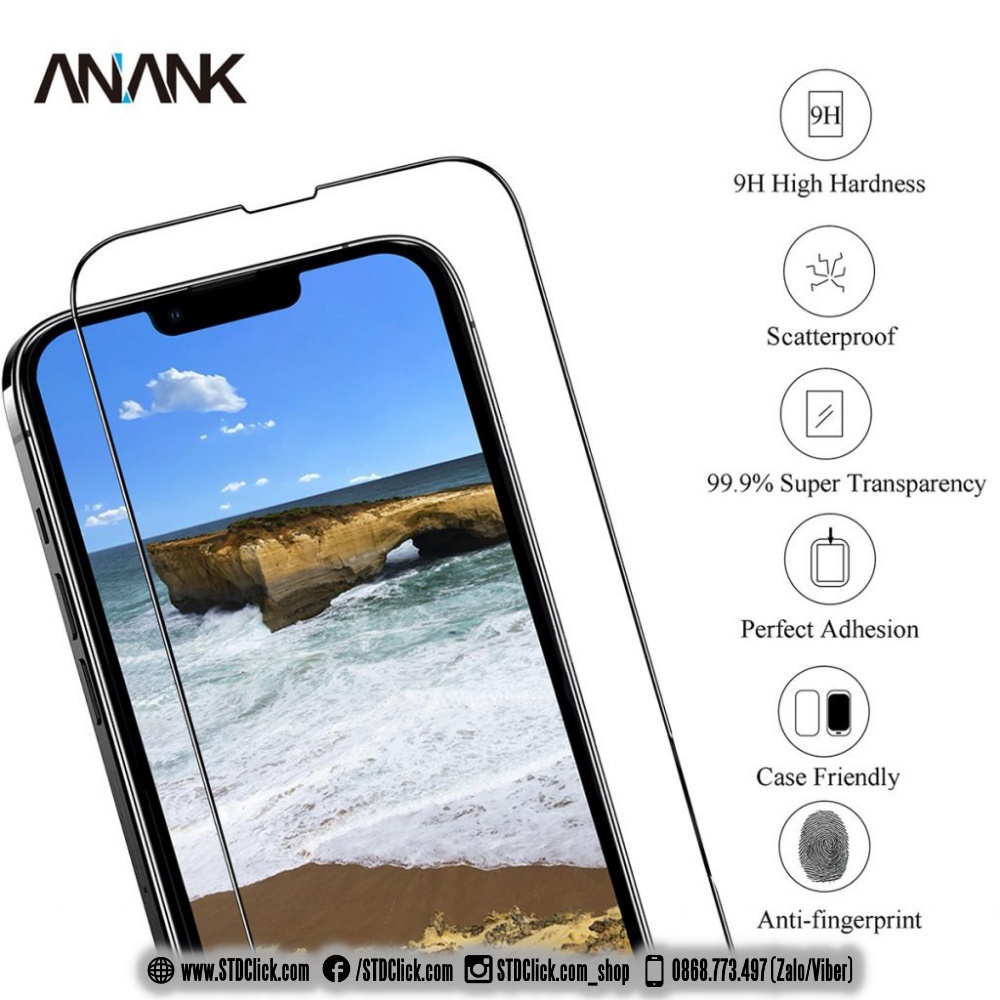 KÍNH CƯỜNG LỰC IPHONE 14 PRO MAX - 14 PRO - 14 PLUS - 14 - 13 PRO MAX - 13 PRO - 13 MINI ANANK VIỀN ĐEN 2.5D CHÍNH HÃNG
