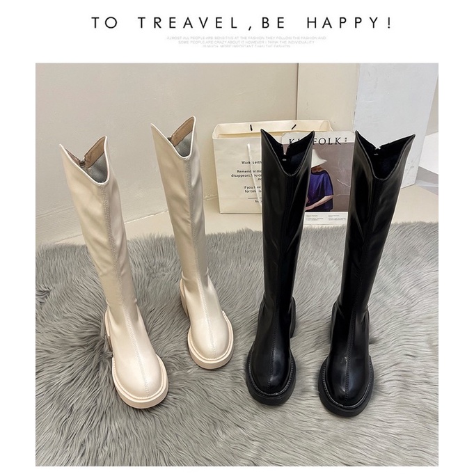 Boots nữ cổ V cao dưới đầu gối da mềm ôm chân đế vuông cao 6cm có khoá kéo