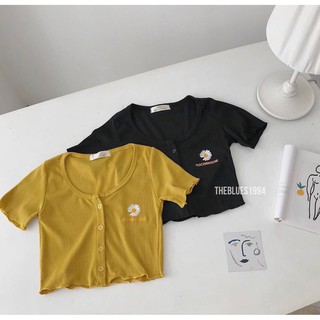 Áo Kiểu Crotop Thun Gân Dày Phối Nút Giữ Ngực In Chữ Kèm Hoa Cúc Hot Hòn Họt TTSA0596