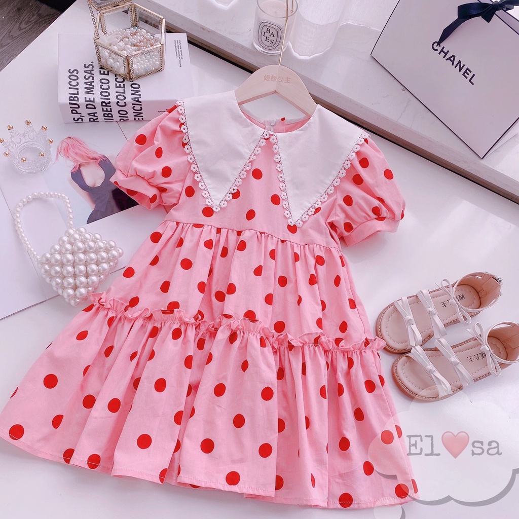 Váy bé gái - Váy chấm bi Hồng cổ tam giác phối ren siêu xinh cho bé 1-7 tuổi