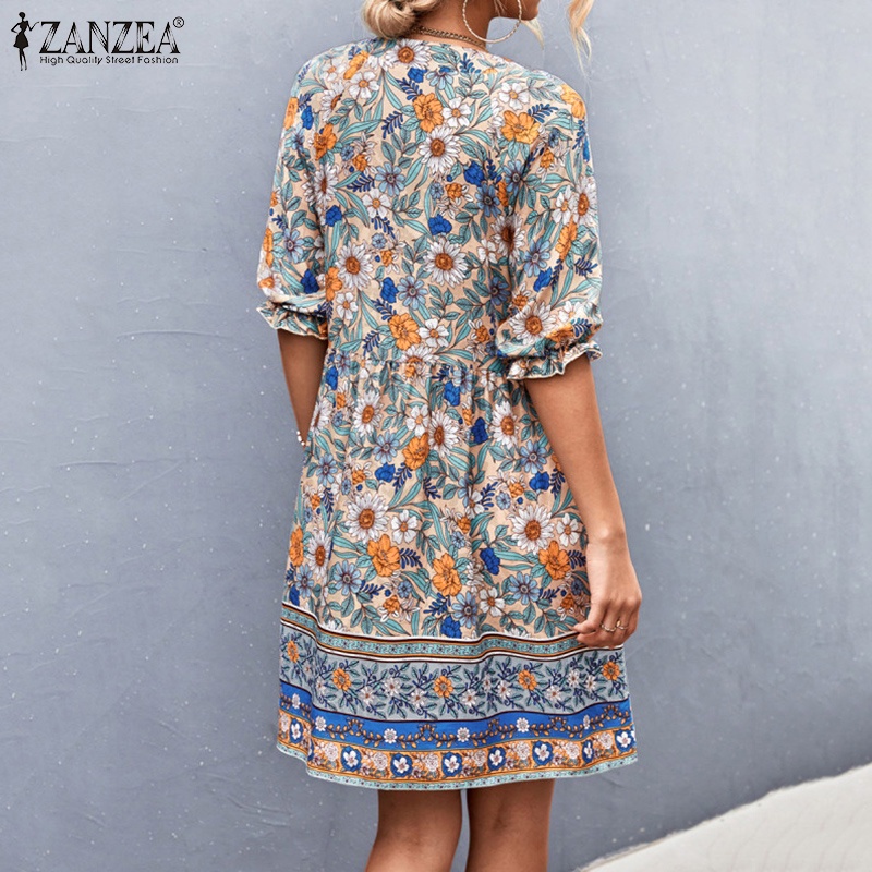 ZANZEA Đầm Tay Lửng Cổ Chữ V In Họa Tiết Hoa Phong Cách Cổ Điển Thời Trang Dành Cho Nữ