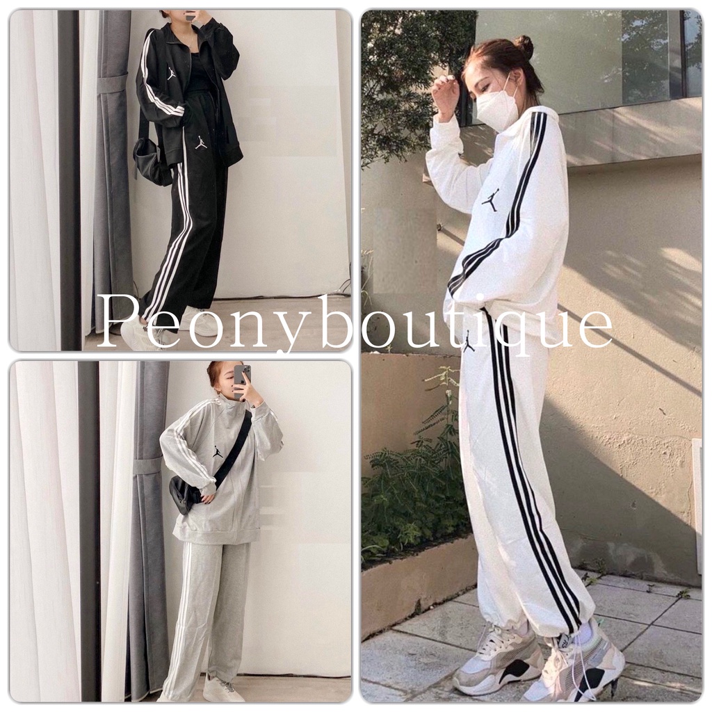 Set 3 Sọc Bóng Rổ PEONYB Nữ [FREESHIP]  Bộ đồ thể thao thu đông sporty năng động màu ĐEN | TRẮNG | XÁM Ulzzang