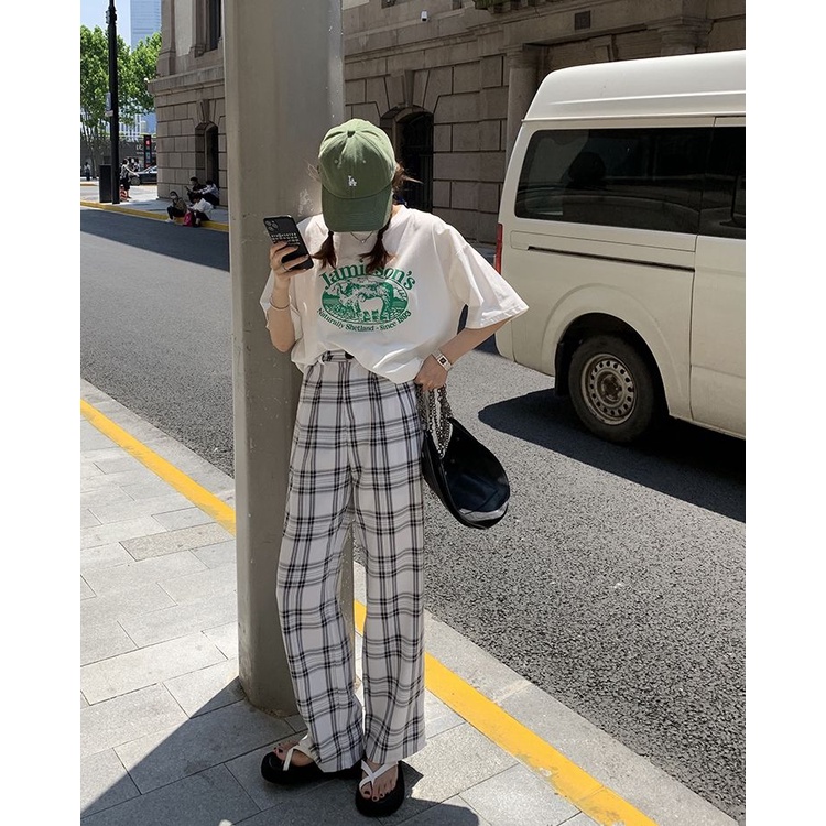 Quần Dài Lưng Cao Ống Rộng Họa Tiết Kẻ Sọc Thời Trang Mùa Đông Mới Cho Nữ