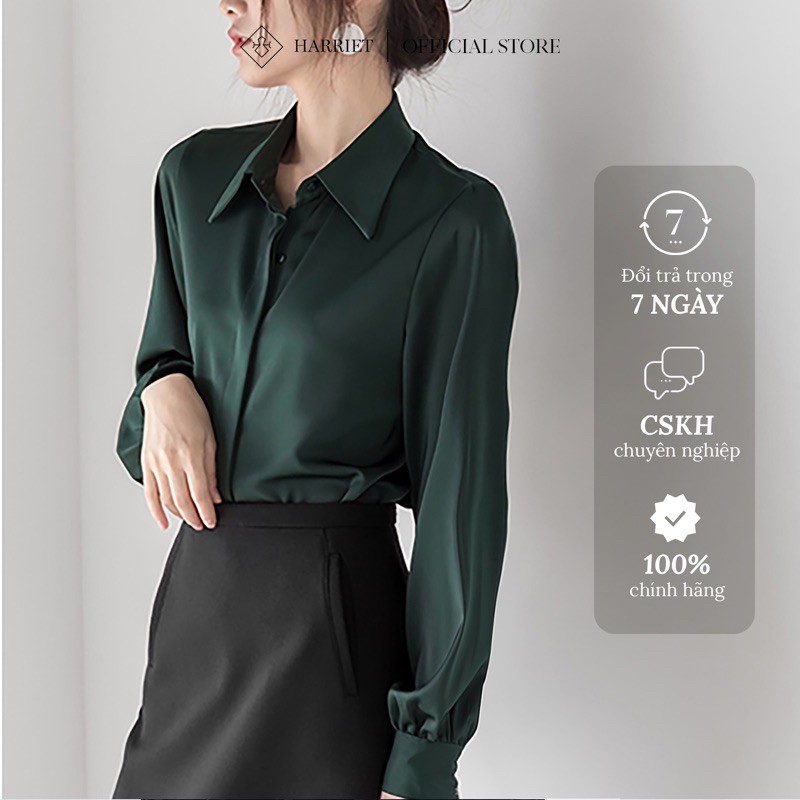 Áo sơ mi nữ công sở cơ bản xanh nhãn cổ đức giấu cúc Jill Harriet