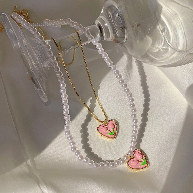 Vòng cổ Mặt Hình Hoa Tulip Đính Ngọc Trai Nhân Tạo Thời Trang