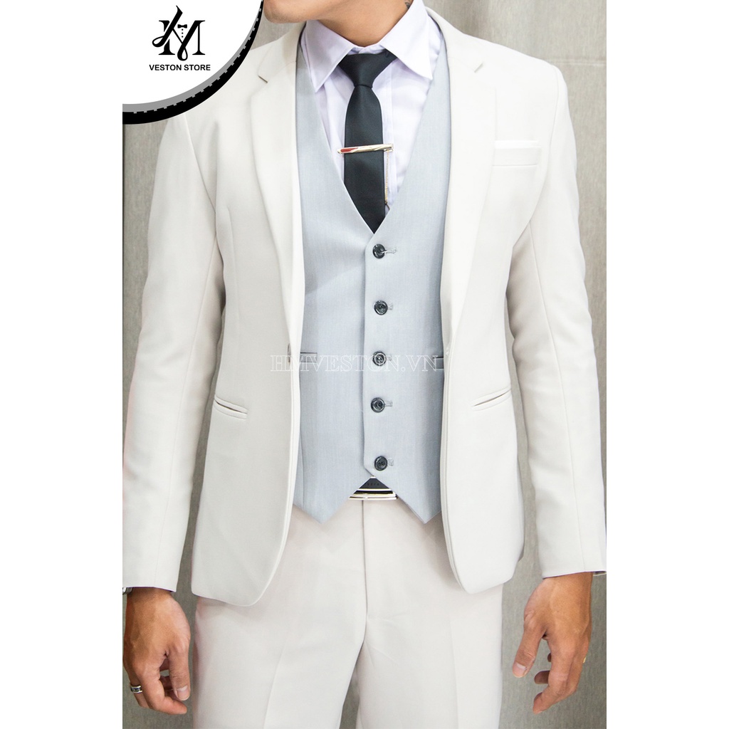 Bộ vest nam màu kem (áo vest+áo gile+quần+cà vạt+nơ)