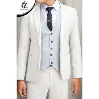 [Full Set] Bộ vest nam màu kem (áo vest+áo gile+quần+cà vạt+nơ)