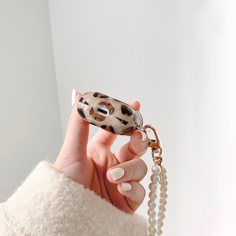 Vỏ Bảo Vệ Hộp Sạc Tai Nghe AirPods Pro 2 3 AirPods 1 / 2 / 3 Họa Tiết Da Báo Đính Ngọc Trai Sang Trọng Kèm Móc Khóa Tiện Dụng