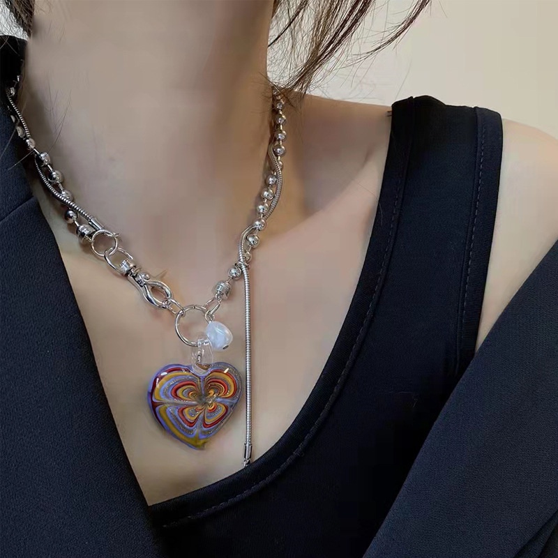 Vòng cổ Mặt Kính Ngọc Trai Hình Trái Tim Phong Cách hip hop Hàn Quốc Cổ Điển