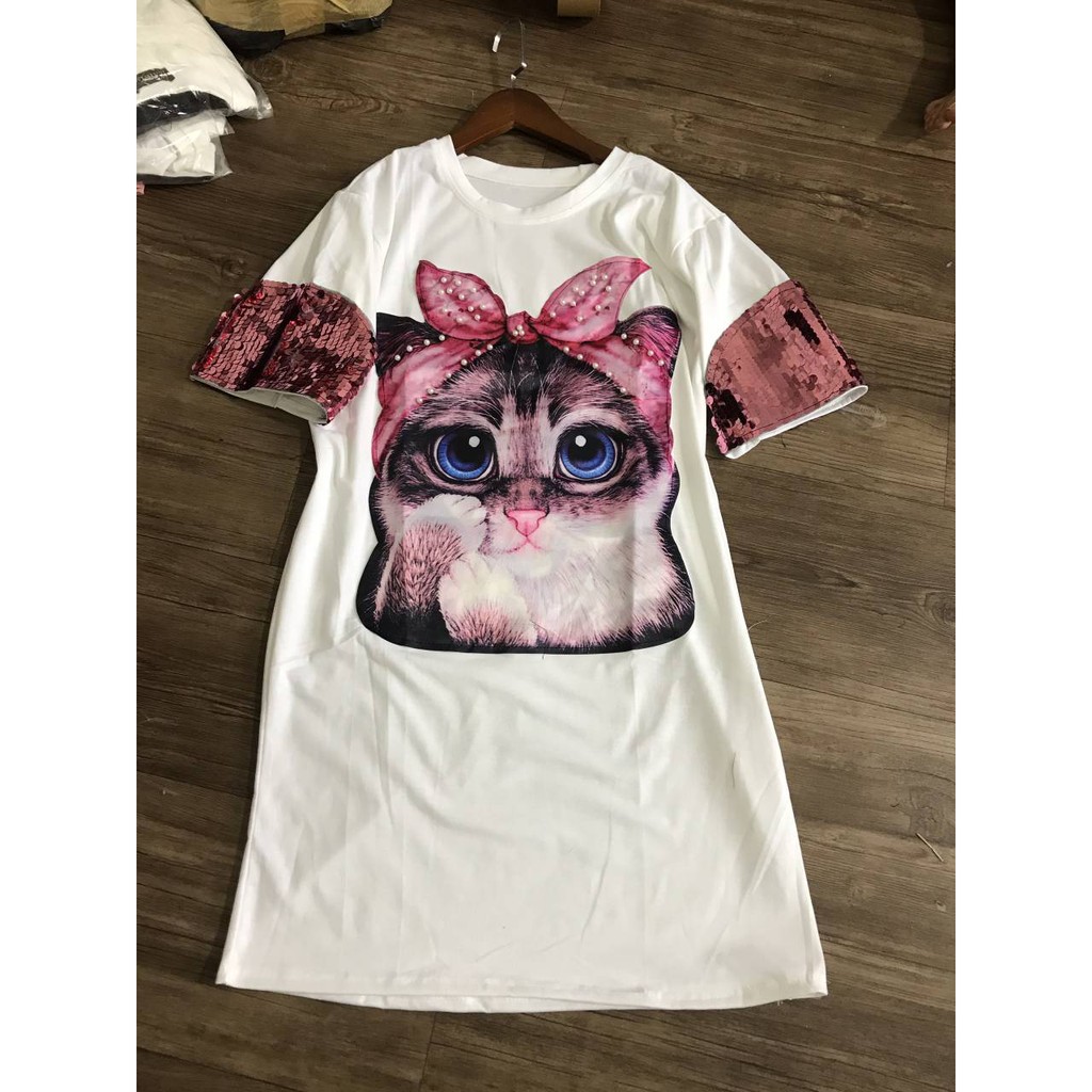 Váy Suông In Hình Mèo Kim Sa Đính Hạt | BigBuy360 - bigbuy360.vn