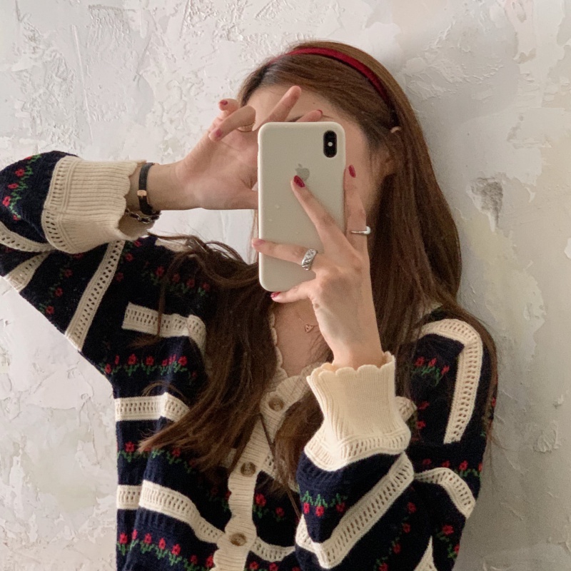 【ZHELIHANGFEI】Áo Cardigan Dệt Kim Tay Dài Cổ Chữ V Lưng Cao In Hoa Xinh Xắn