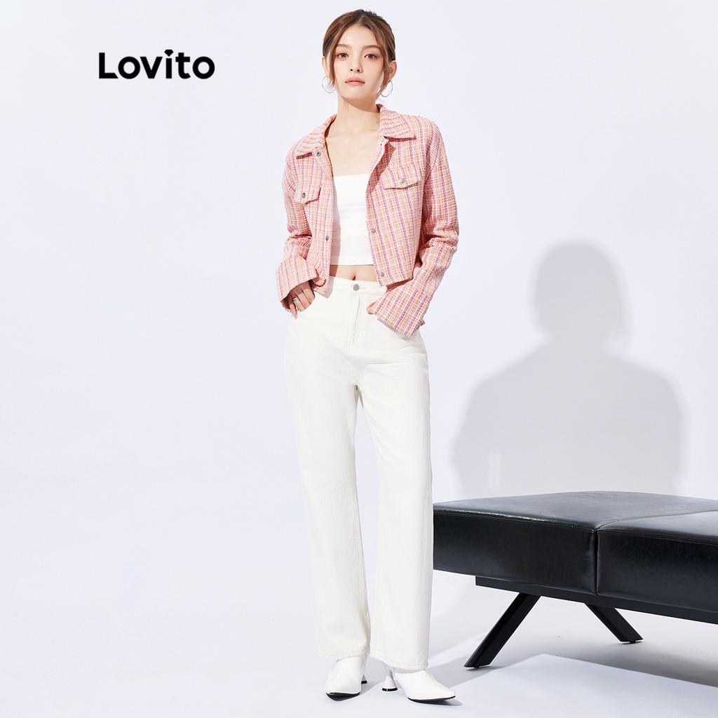 Áo khoác Lovito phong cách Hàn Quốc xẻ tà họa tiết kẻ caro thường ngày L32FW091 (màu hồng)