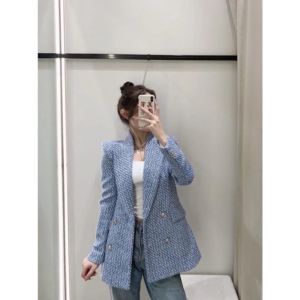 Áo vest Zara dạ tweed xanh nhẹ V22HKG98N10