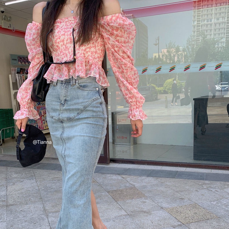 Pink Floral Chiffon Shirt Pleated Short Shoulder Top with Wooden Ears