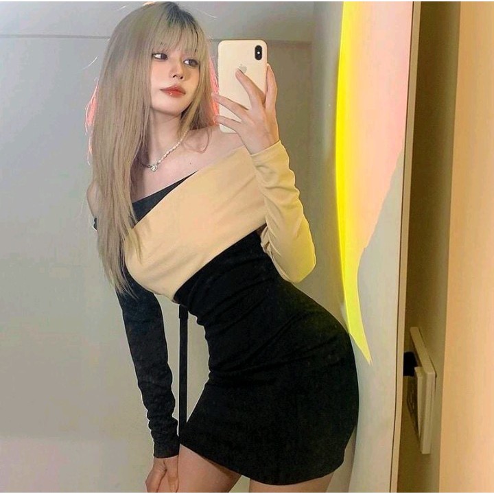 Đầm ôm body kiểu phối 2 màu chất Borip loại 1 không xù lông Cam Kết Hàng Y Hình Kèm Ảnh Thật Chính Chủ (size từ 40-53kg)