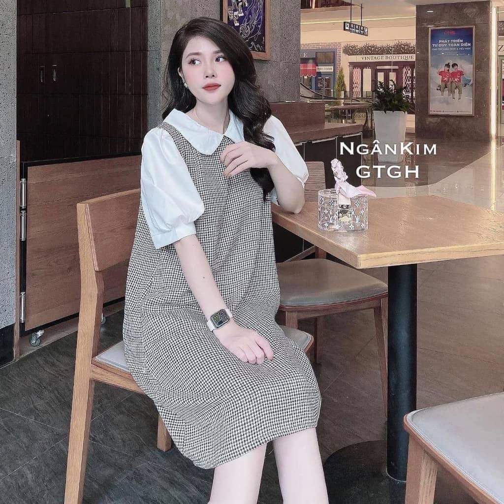 Váy Bầu Đầm Bầu Mùa Hè Kẻ Zigzag Cổ Sen Tay Bồng Công Sở Dáng Suông