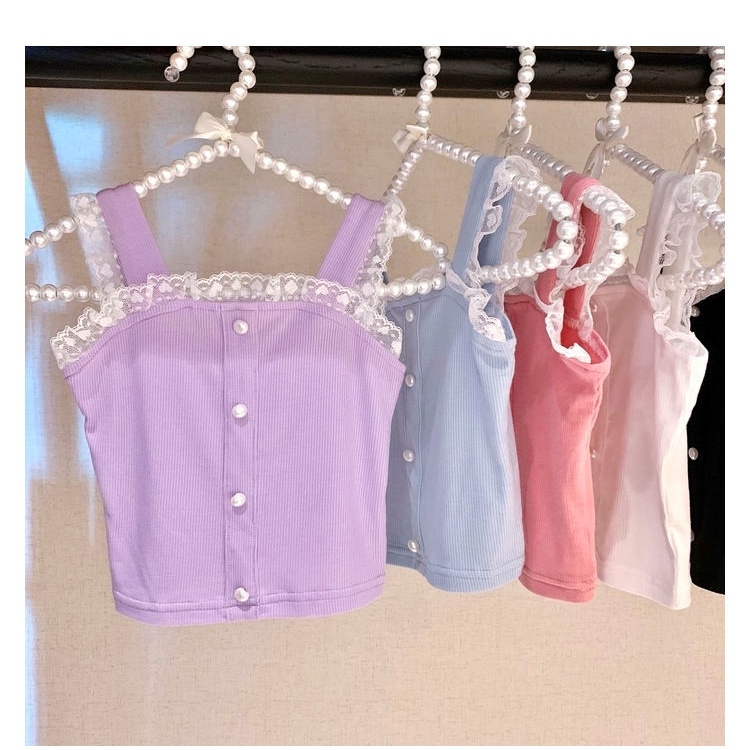 Áo Hai Dây Phối Ren Màu Trơn Thời Trang Mùa Hè Cho Bé Gái 1-7 Tuổi