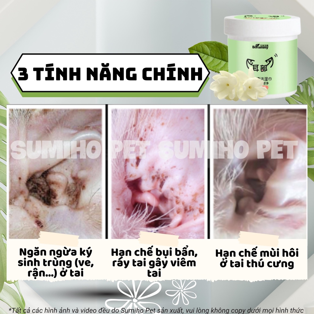 Giấy lau tai cho chó mèo Borammy chiết xuất lô hội (Hộp 130 miếng) phòng tránh các bệnh về tai ở thú cưng