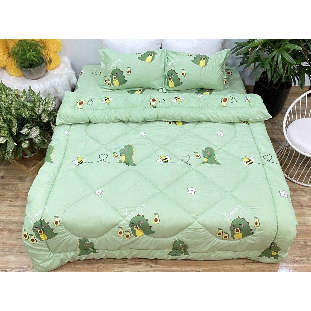Bộ chăn phao ga gối poly cotton MẪU - khủng long ăn bơ
