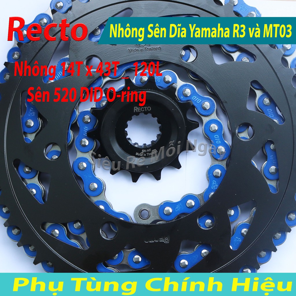 Nhông Sên Dĩa Recto Yamaha R3 và MT03 Sên Màu 120L DID 520VF Phốt Cao Su Thái Lan 14T x 43T