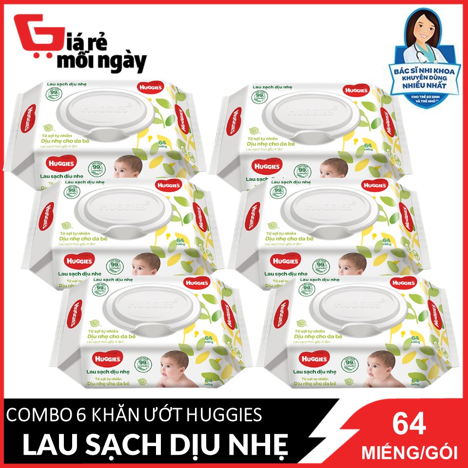 Combo 6 gói Khăn ướt Huggies Không mùi dịu nhẹ cho trẻ sơ sinh 64 miếng/gói X6