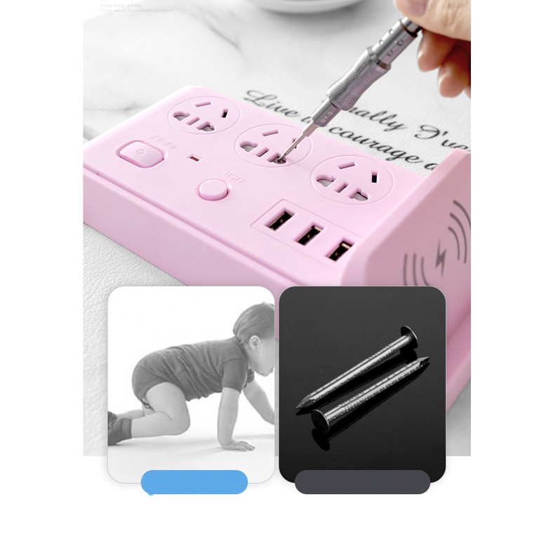 Ổ cắm điện thông minh đa năng hỗ trợ sạc không dây 3 cổng USB 3 ổ điện đa chuẩn phích cắm 2 công tắc chịu tải 2500W dây