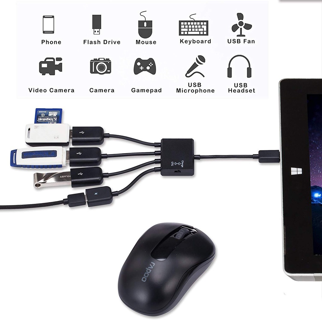 Cáp OTG 4 đầu cho Android - Micro USB OTG 4 in 1 - Kết Nối Điện Thoại Với Bàn Phím Và Chuột