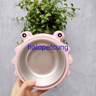 Bát ăn chó mèo hình con ếch cute, có chén ăn inox rời