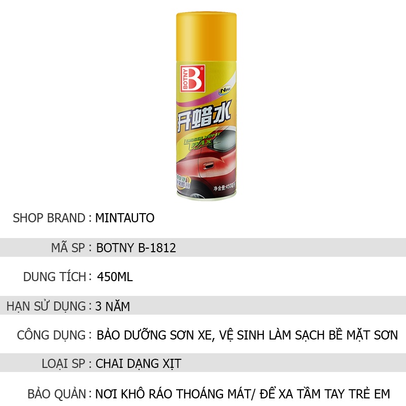 Chai xịt đánh bóng bề mặt sơn xe chuyên dụng cho ô tô Botny B-1812 dung tích 450ml