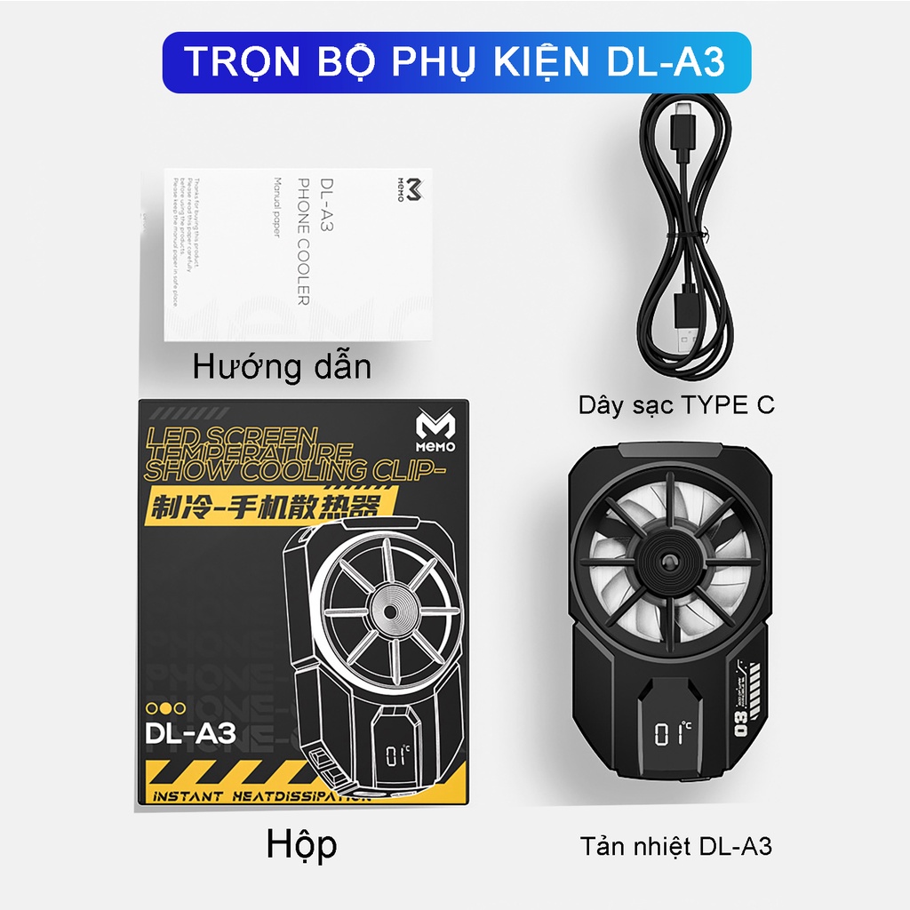 Quạt tản nhiệt điện thoại sò lạnh MEMO DLA3 gaming đèn led RGB làm lạnh nhanh chơi game pubg FreeFrie liên quân mobile