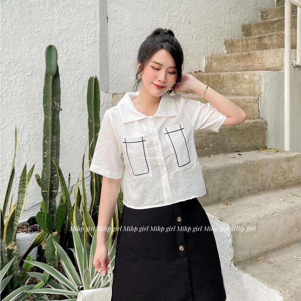 Áo sơ mi croptop hai túi tay ngắn, Áo nữ viền túi phong cách hàn quốc chất vải đũi free size từ 40kg đến 50kg..