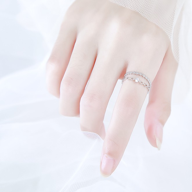 Nhẫn Bạc 2 tầng cao cấp, Nhẫn nữ bạc gắn đá 2 tầng TUNA SILVER Trang sức bạc cao cấp