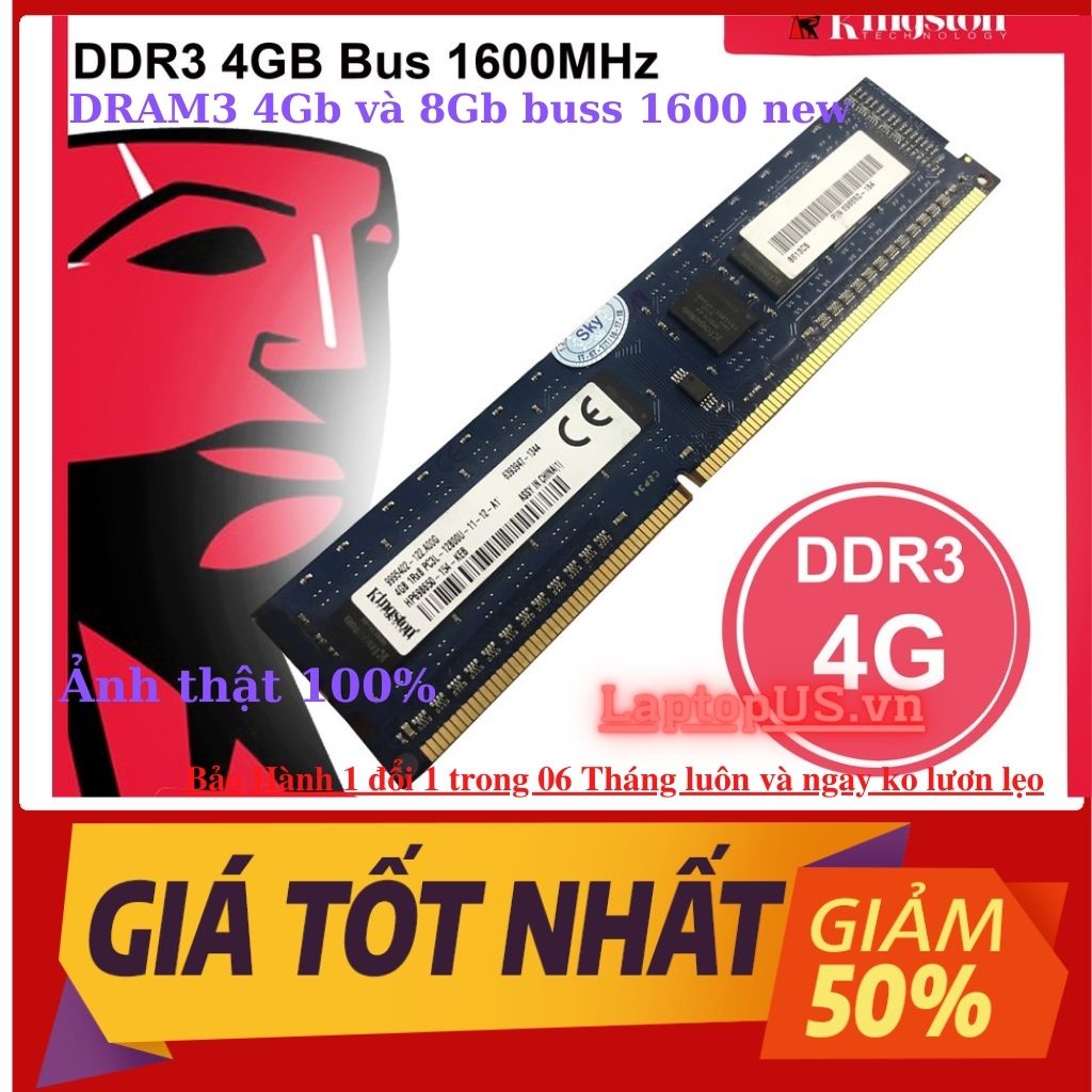 Ram PC Kingston 8Gb/4Gb DDR3 Bus 1600Mhz nhập khẩu bảo hành 3 năm