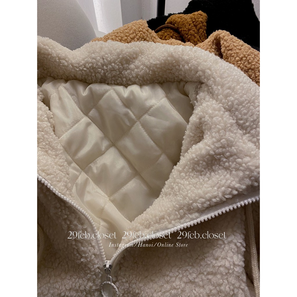 [Ảnh thật/Video] Áo khoác lông cừu trần bông có mũ - 29feb.closet