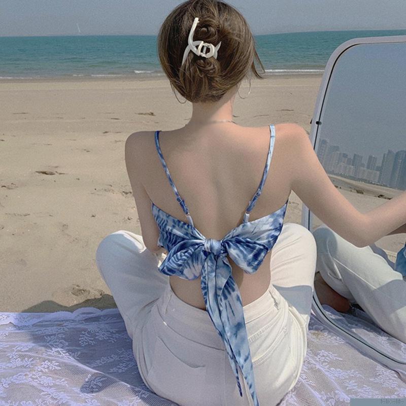 Áo Croptop Hai Dây Hở Lưng Thắt Nơ In Họa Tiết Thời Trang Quyến Rũ Cho Nữ