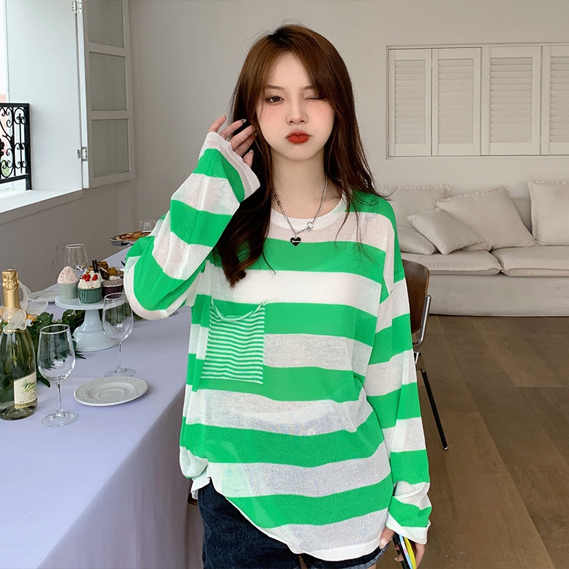 【ZHELIHANGFEI】Áo Thun Tay Dài Họa Tiết Sọc Thời Trang Sành Điệu Cho Nữ