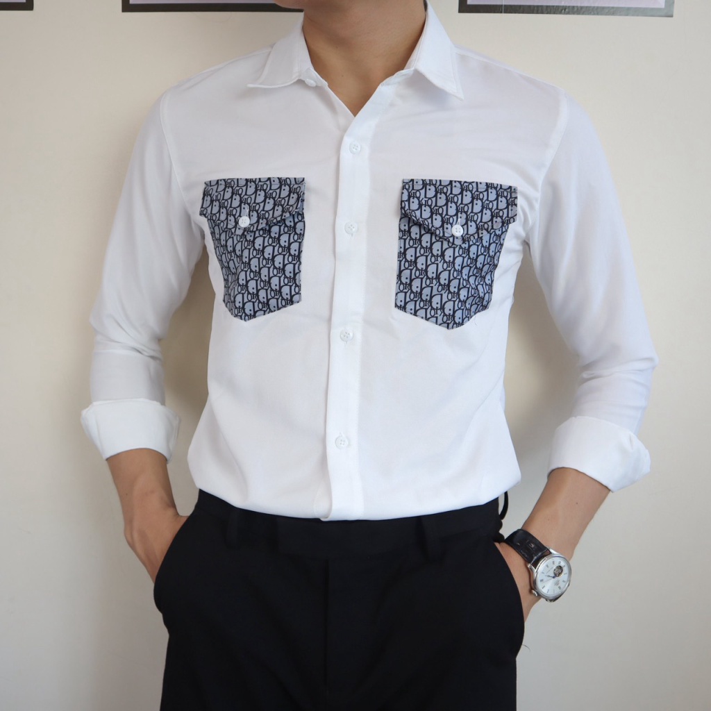 Áo Sơ Mi Nam Tay Dài Vải Lụa Phối 2 Túi Ngực In Chữ Sang Trọng Phong Cách Soái Ca Lịch Thiệp [NEW UNISEX]