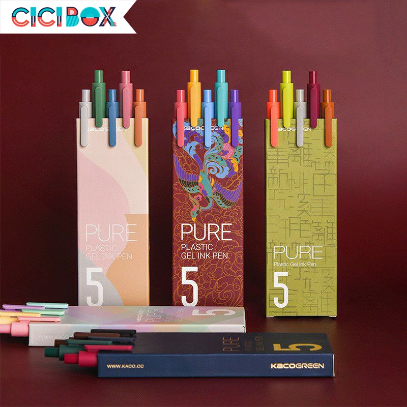 Hộp Bút Kaco Pure 5 Bút Gel Pen 5 Màu Cao Cấp, Bút bấm Kaco viết sổ tay siêu mịn CICIBOX