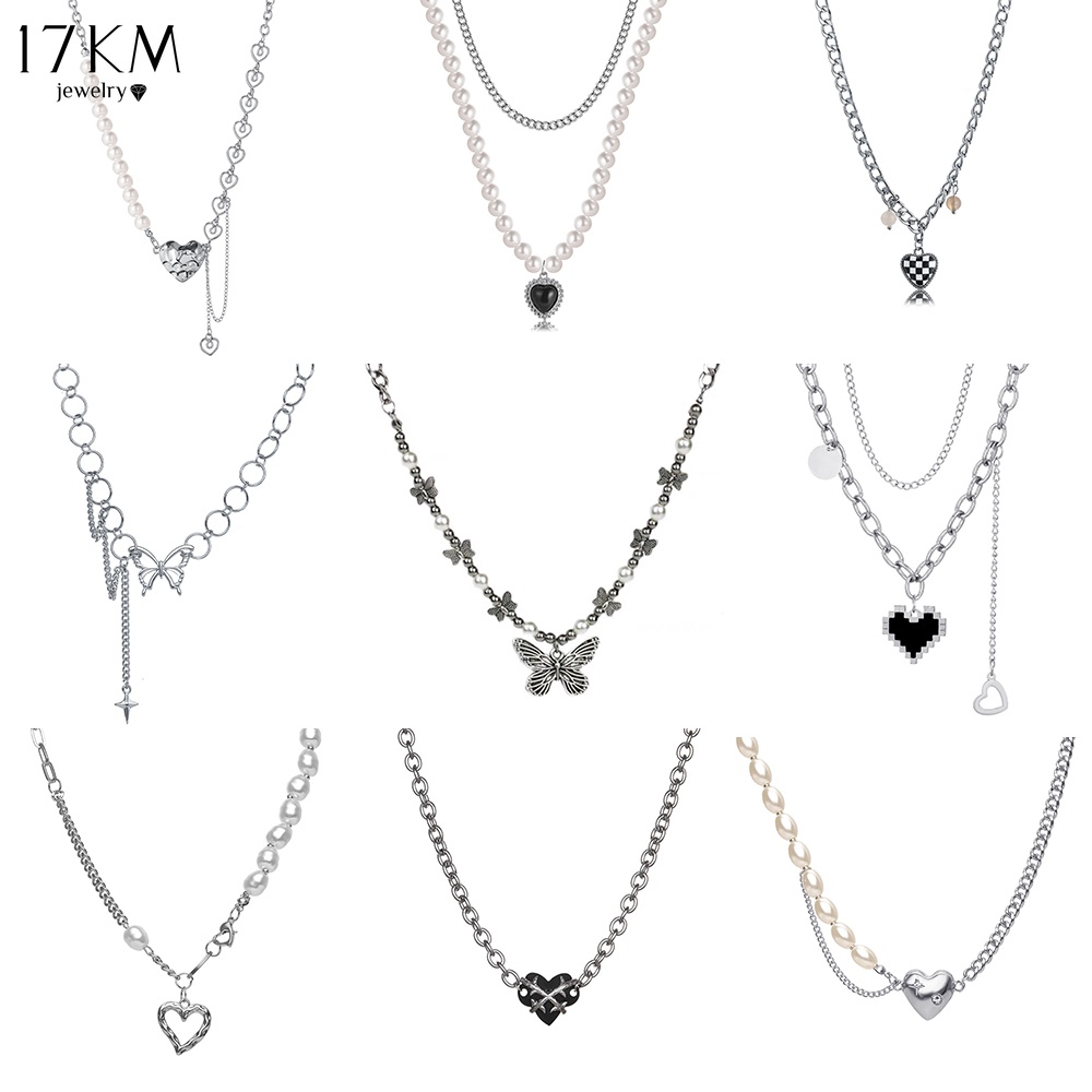 Dây chuyền 17KM tùy chọn kiểu dáng phối mặt bướm/ trái tim ngọc trai thời trang màu vàng kim/ bạc