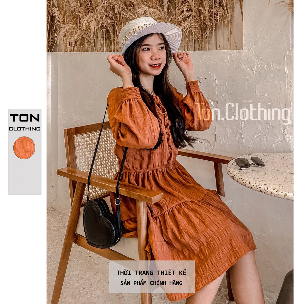 Đầm nữ phong cách Vintage Ton.Clothing đầm xòe vải xô nhún thiết kế tay dài BABI001