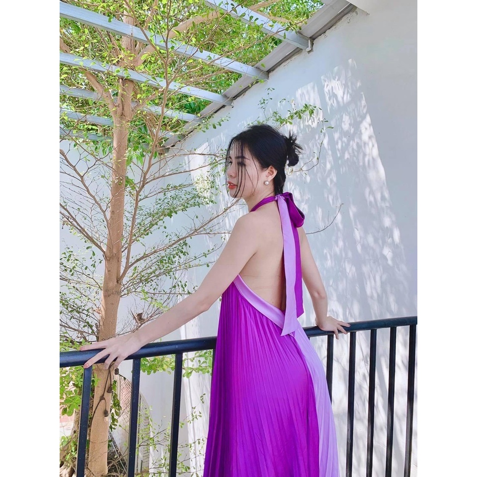 Đầm maxi dập ly cổ yếm phối màu đi tiệc đi biển xinh đẹp sống ảo XUKA-DRESS DT051