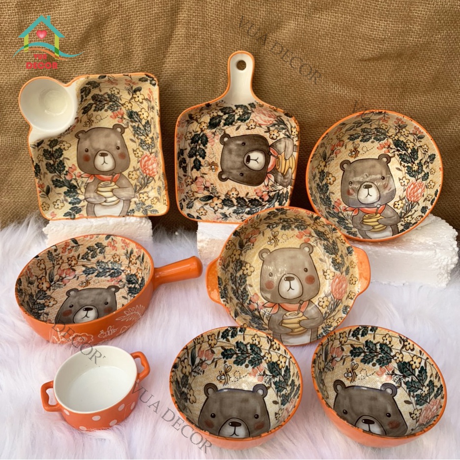 Bộ Chén Dĩa Sứ Bát Ăn Cơm Đĩa Sứ Dễ Thương Cute Bát Đĩa Gấu Cam Decor Cao Cấp S97