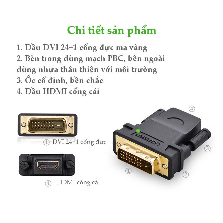 [GIÁ SỈ]  Đầu chuyển đổi DVI (24+1) sang HDMI (âm) Ugreen 20124 chính hãng