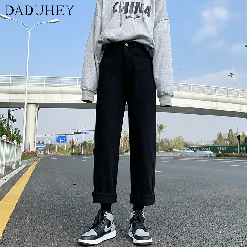 Daduhey Quần jean ống rộng lưng cao phong cách Hàn Quốc không có thắt lưng thời trang cho nữ