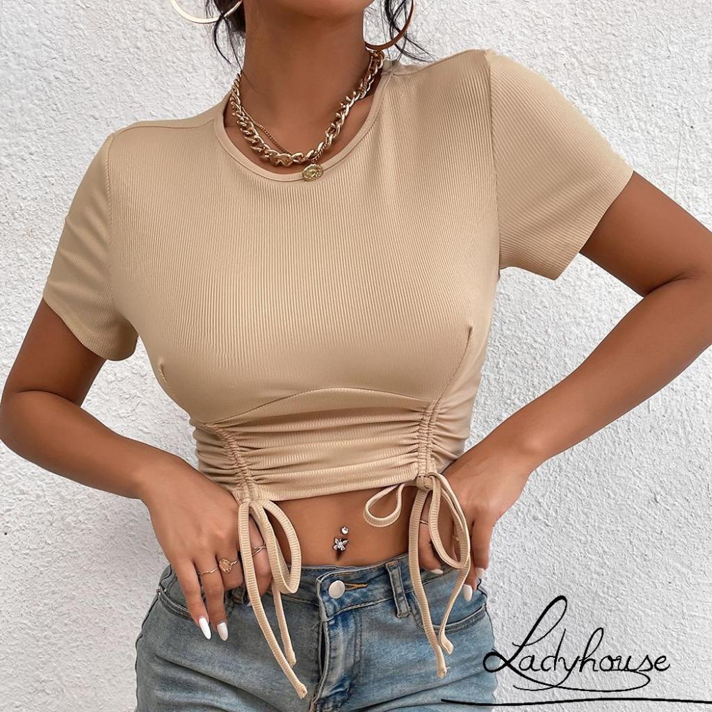 Ld-áo Thun Crop Top Tay Ngắn Cổ Tròn Màu Trơn Có Dây Rút Thời Trang Mùa Hè Dành Cho Nữ Size S/M/L/XL