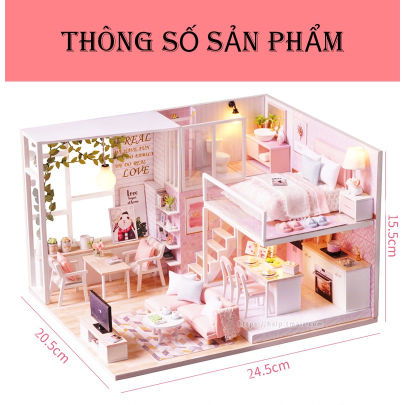 Nhà búp bê Tự làm bằng gỗ [Nhà có nội thất TRANQUIL LIFE &amp; đèn LED] Tặng  KHUNG BẢO VỆ + DỤNG CỤ Và keo dán