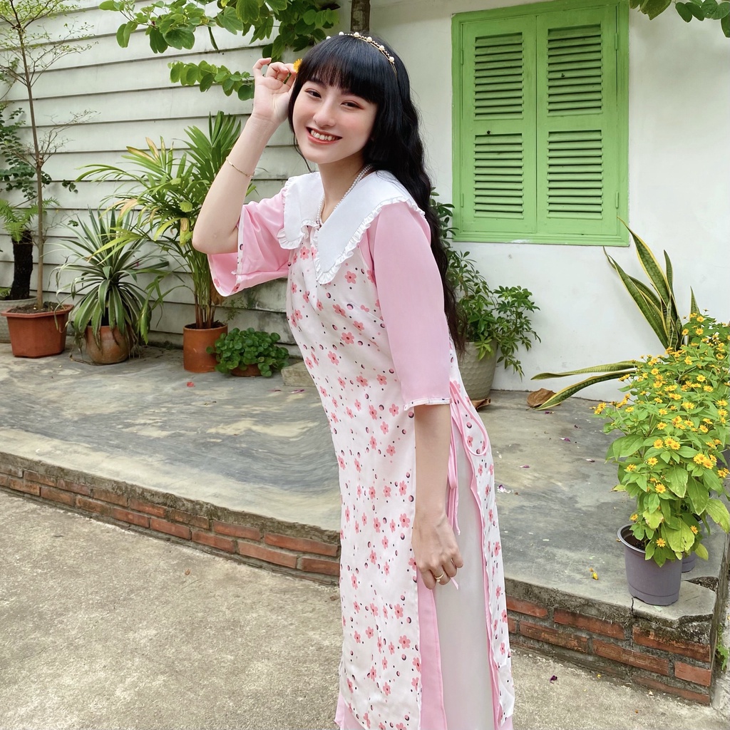 Áo dài cách tân HỒNG VÂN thắt dây eo 4 tà chất đũi xước