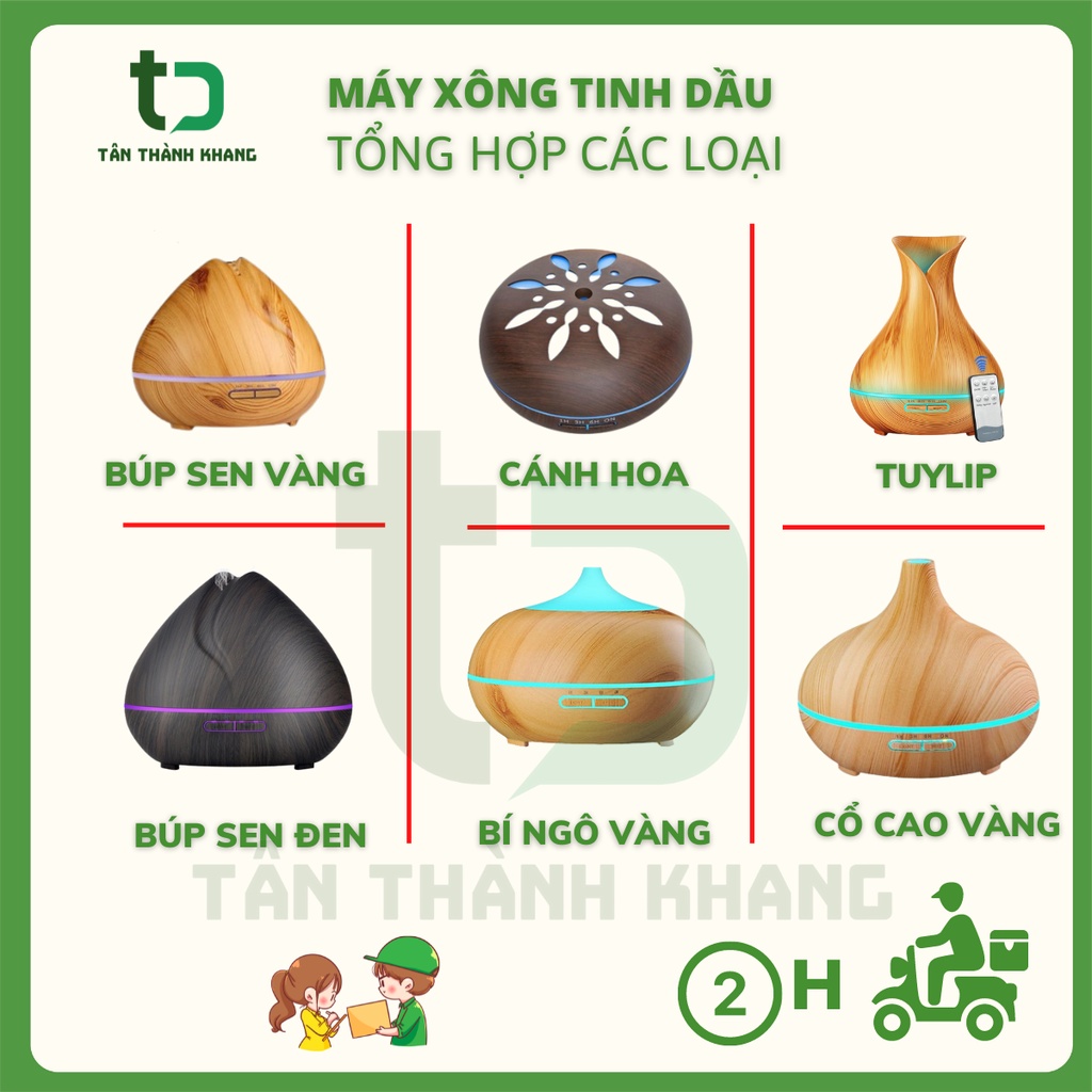 Máy xông tinh dầu, khuếch tán, phun sương Bí Ngô, Búp Sen, Tulip, Cổ Cao, Cánh Hoa dung tích 550ML